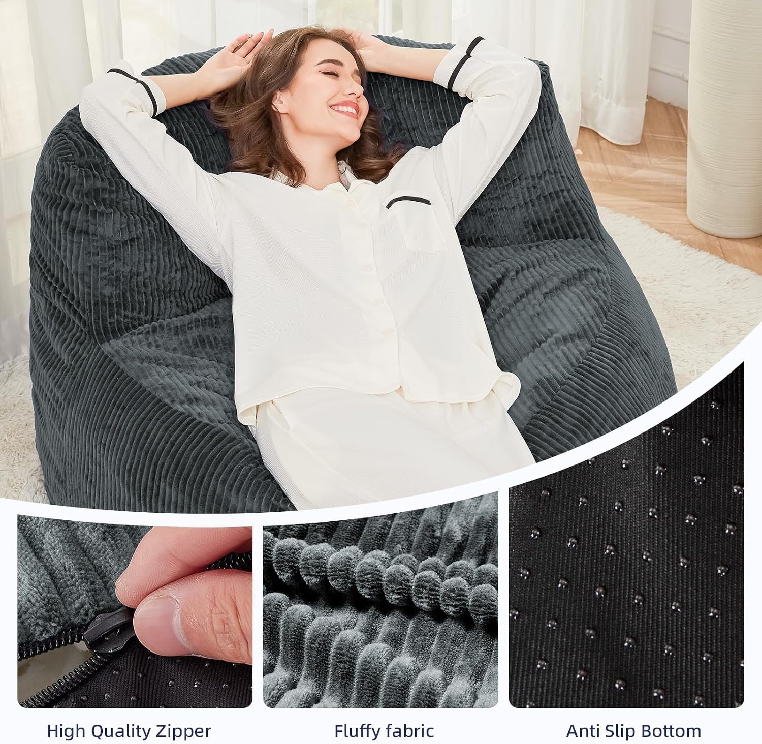 MASVIS Bean Bag Chair,3ft Memory Foam Bean Bag Chair for Adults Kids Teens,Soft Velvet Comfy Floor Chair with Supportive Backrest,Lazy Sofa Lounge Chair for Living Room Game Room,Portable Sofa,Grey