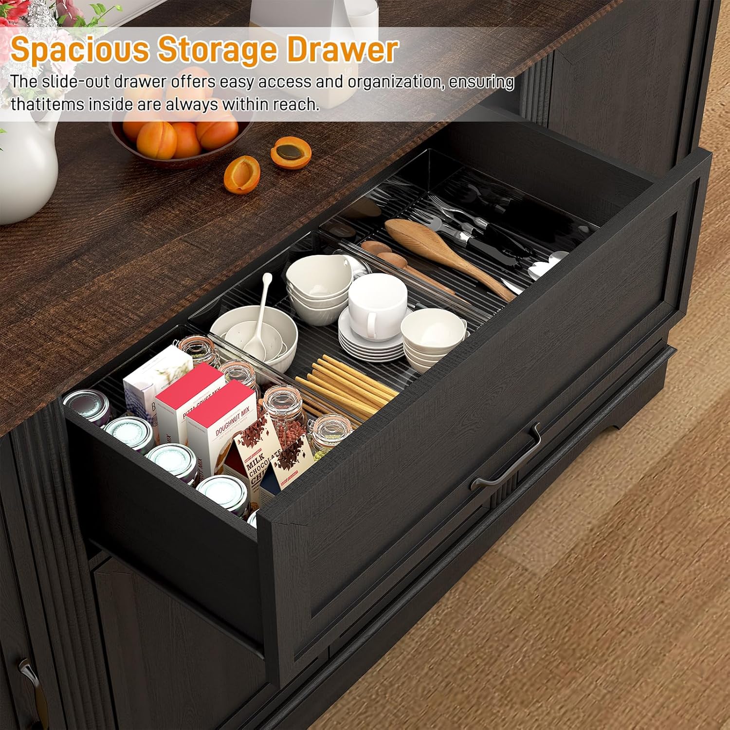 65" Sideboard Buffet Cabinet with Storage, Farmhouse Kitchen Pantries Sideboard Cabinets with Drawer, Wood Coffee Bar Cabinet with Adjustable Shelves, Storage Cabinets for Kitchen, Black
