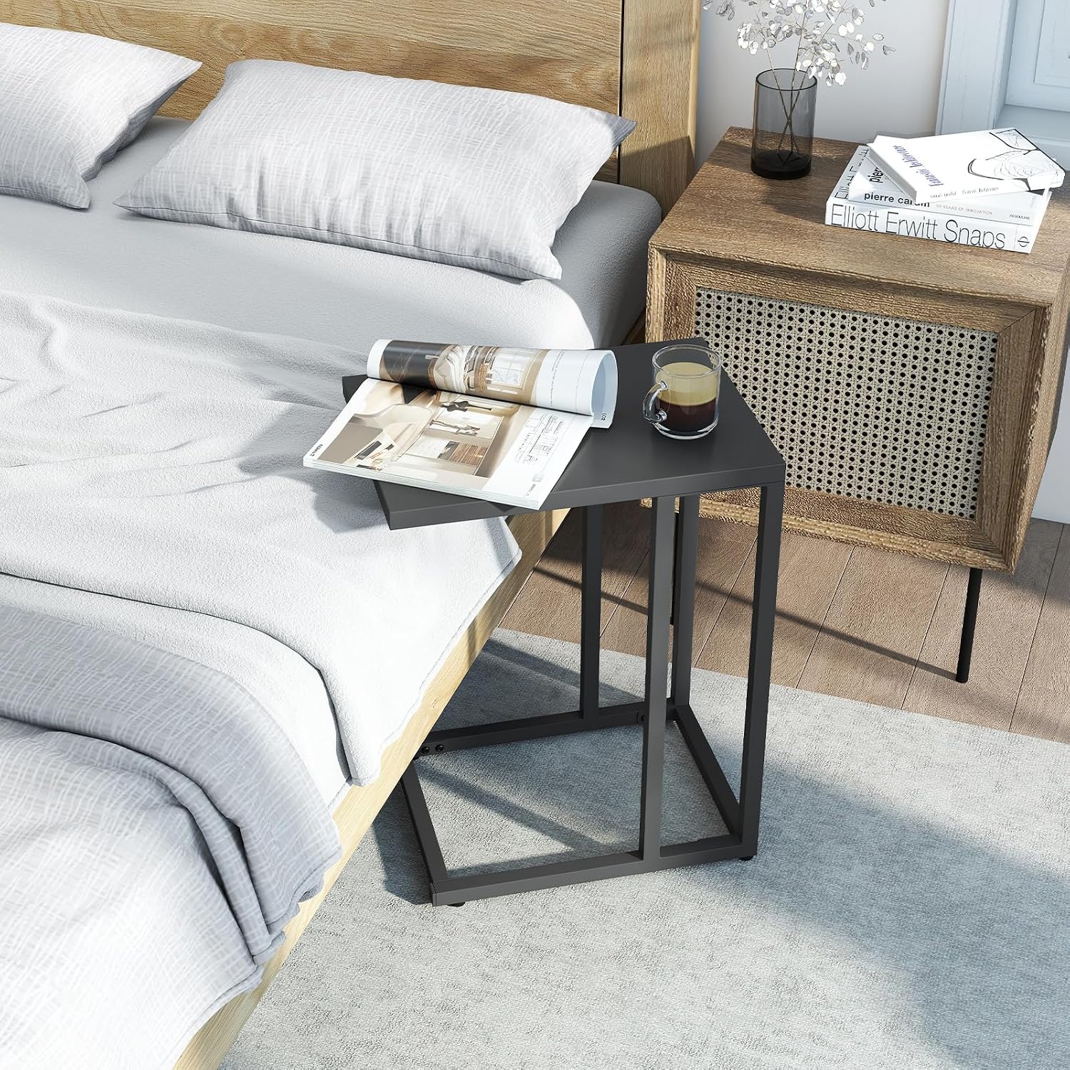 HAPPYGRILL C-Shaped Side Table with Metal Frame, Adjustable Foot Pads, Small Industrial End Table for Couch Sofa, Living Room Bedroom Office(1)