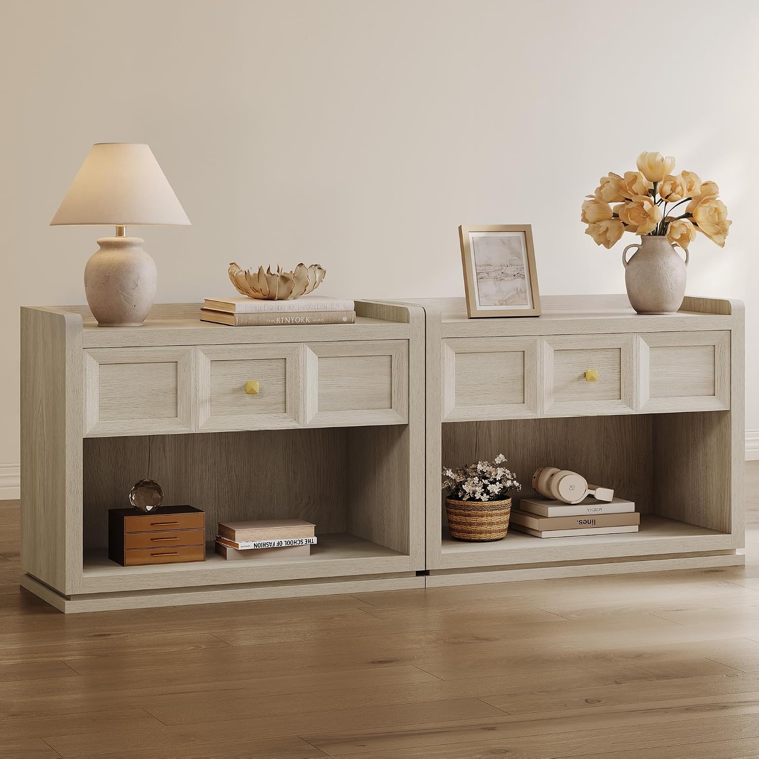 SICOTAS 31" Wide Nightstands Set of 2, Large Night Stands with Drawer | Oversized King Size Nightstand Bedside Table for Bedroom, Farmhouse End Side Table Set of 2 with Round Corners,Grey White Oak