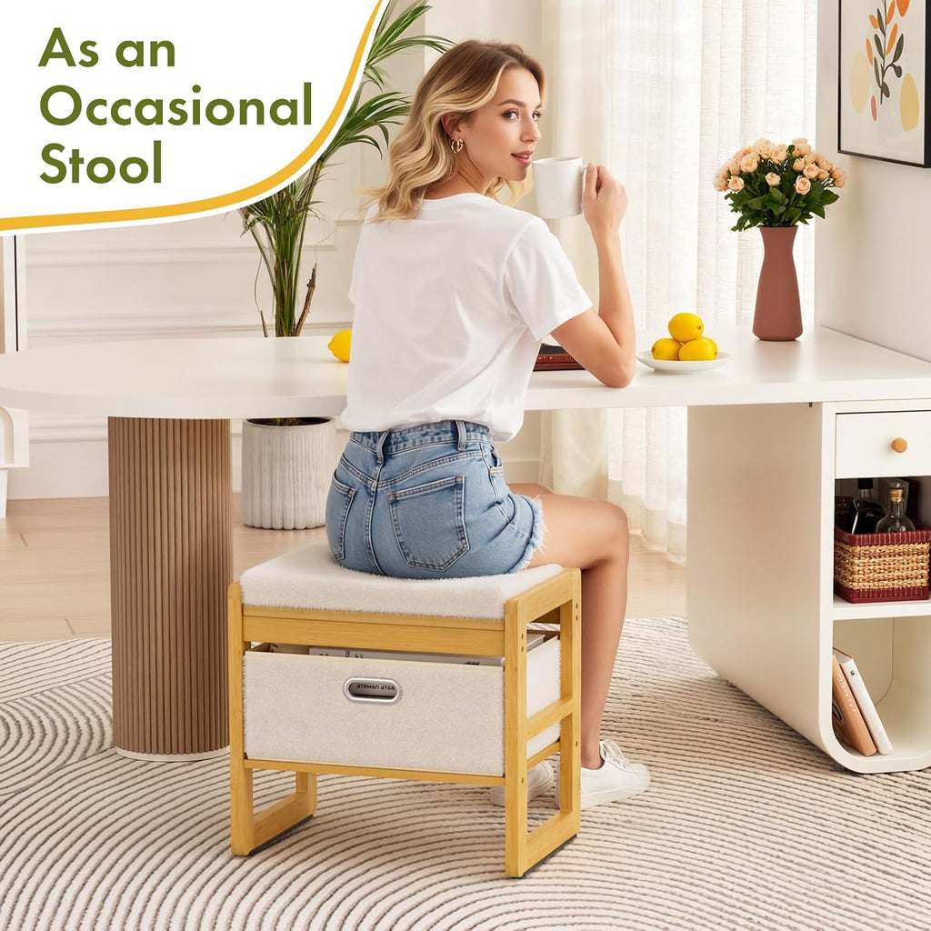 Storage Ottoman, Bamboo Footstool with Drawer, 3-in-1 Soft Ottoman with Storage, Multifunctional Footrest, Seat & Organizer for Living Room, Bedroom, Entryway Gift Set for Family
