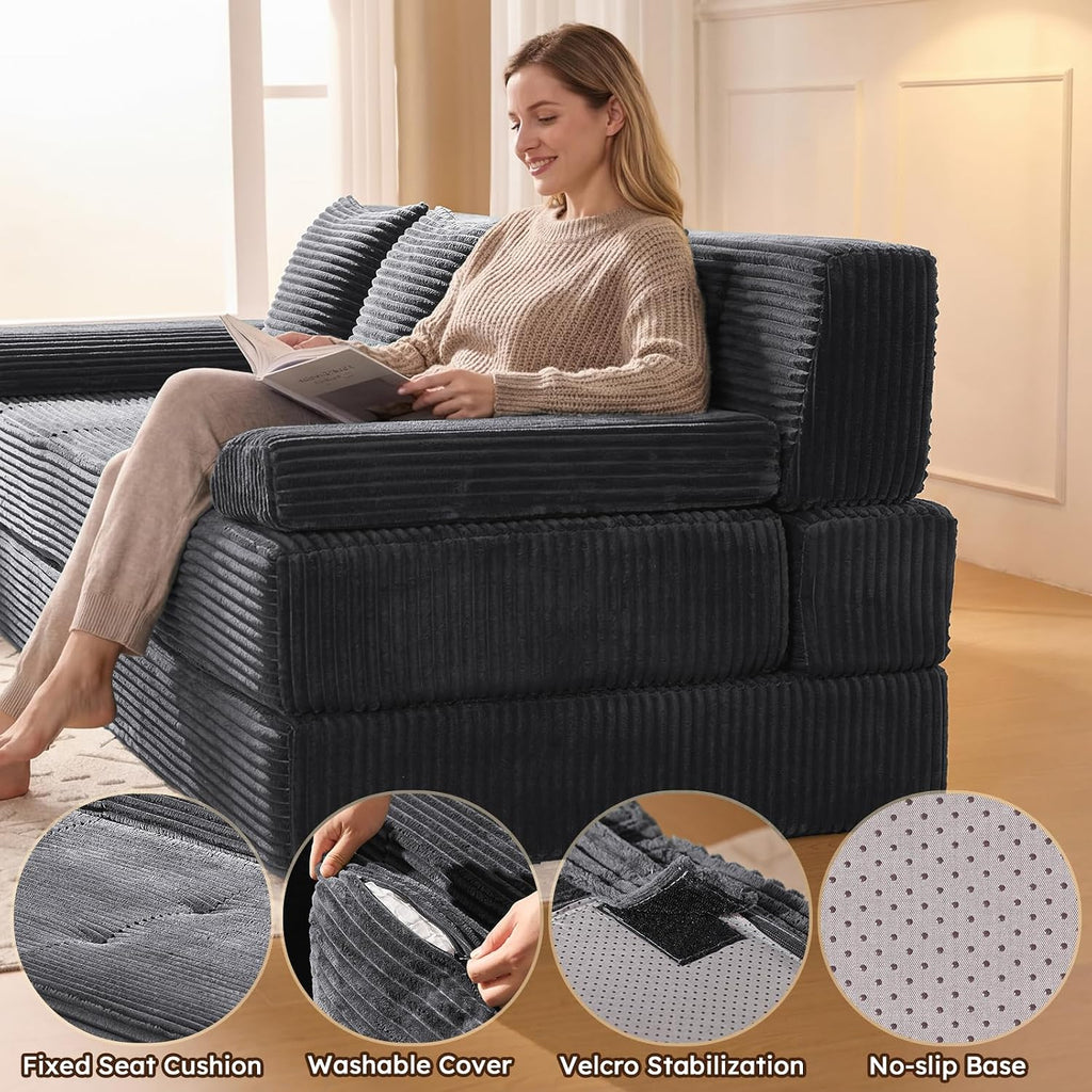 78.7IN Convertible Folding Sofa Bed, 3 Seater Sleeper Sofa Couch | No Assembly Required, Corduroy, Freestanding, Couches Bed with Zippered Pillows for Living Room, Bedroom, Apartment, Gray