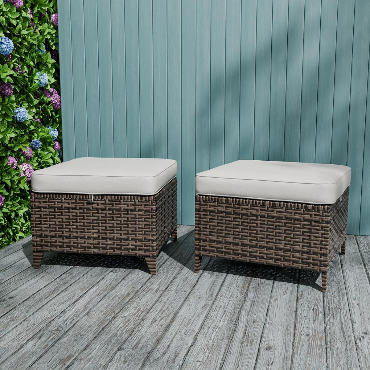 EAGLE PEAK Ocean Vista 2 Piece Wicker Patio Ottoman Set Weather-Resistant Cushions for Patio Deck Backyard Poolside, Beige