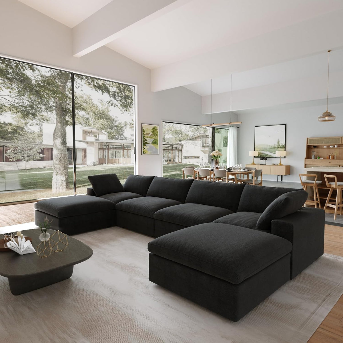 JACH 160.6" U-Shaped Sectional Couch, Modern Modular Convertible Sofa with Chaise Ottomans, Deep 4-Seats Comfy Sectional Cloud Couches for Living Room/Apartment, Bedroom (Black)
