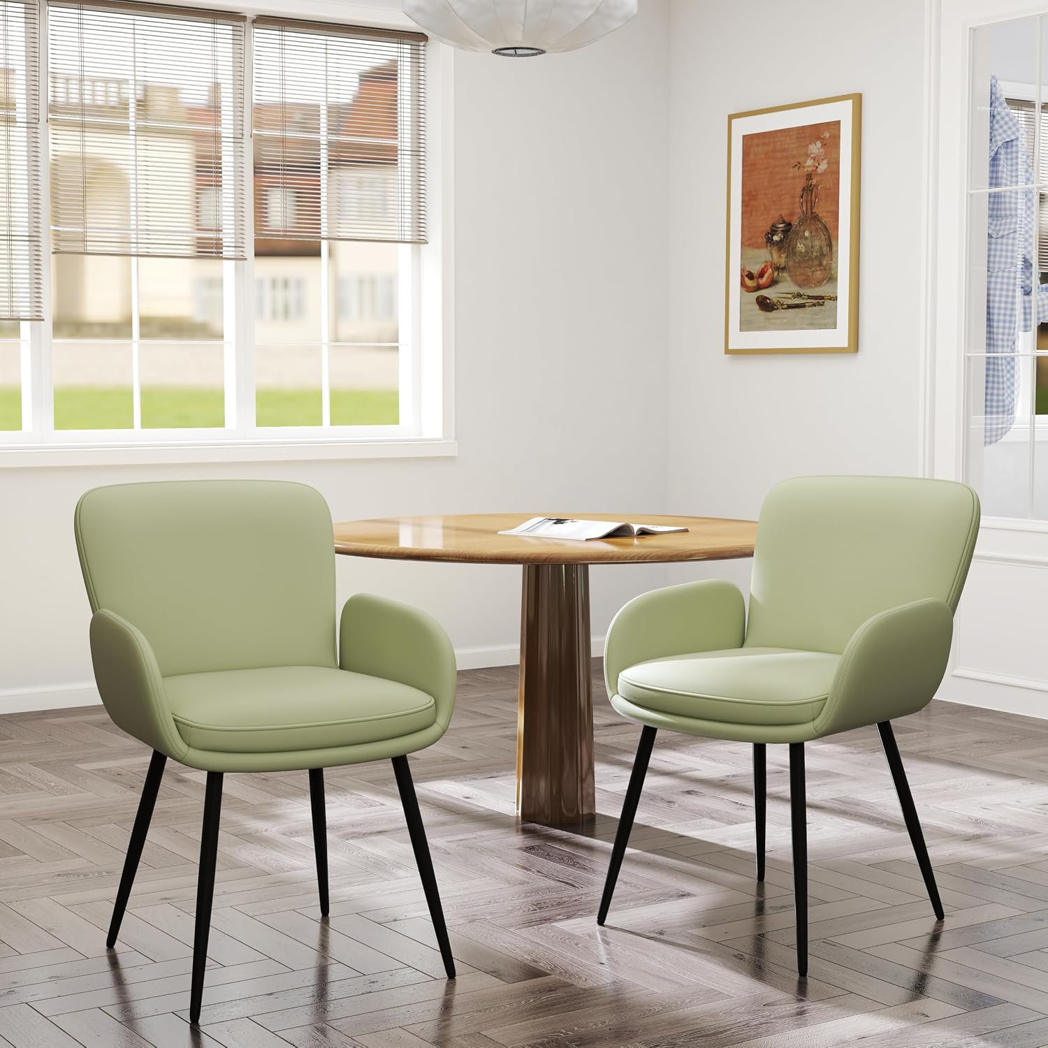 VKNOW Modern Faux Leather Dining Chairs Set of 2 with Armrest, Green | Armed Dining Room Chairs with Metal Legs, Kitchen Chairs for Restaurant Kitchen Living Room