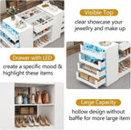 Gyfimoie Closet Island with Drawers, Armoire Wardrobe Closet with LED Lights White Dresser Walk-in Closets with Glass Top for Bedroom & Cloakroom
