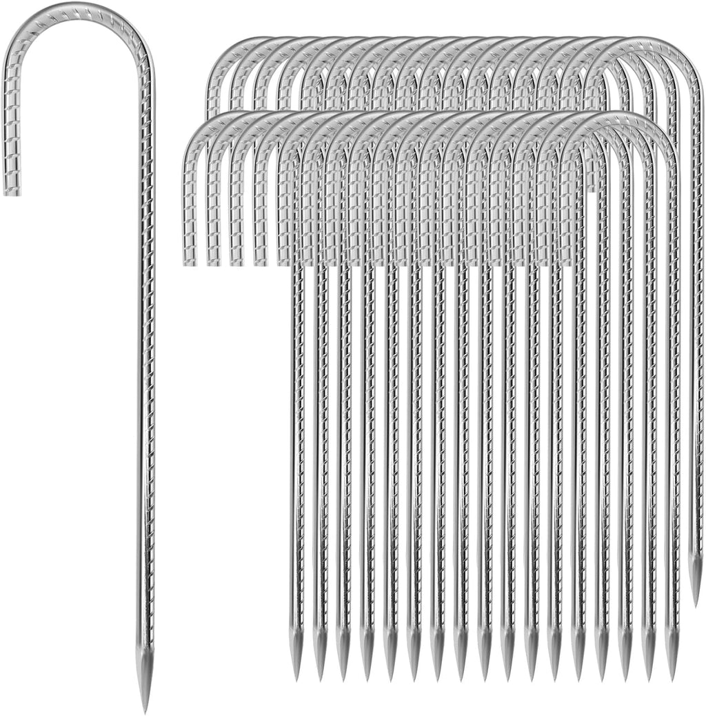 12 inches Tent Stakes Heavy Duty 34-Pack, 5/16" Diameter J Hook Fence Stakes Rebar Ground Stake for Inflatables, Tarp, Yard Lawn Outdoor Decoration