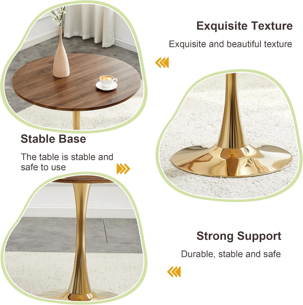 31.5 Inch Small Round Dining Table for 2-4 Person, Circle Tulip Table with Faux Walnut MDF Top and Gold Metal Base,Mid Century Modern Bistro Table for Kitchen, Small Places,Living Room, Cafe