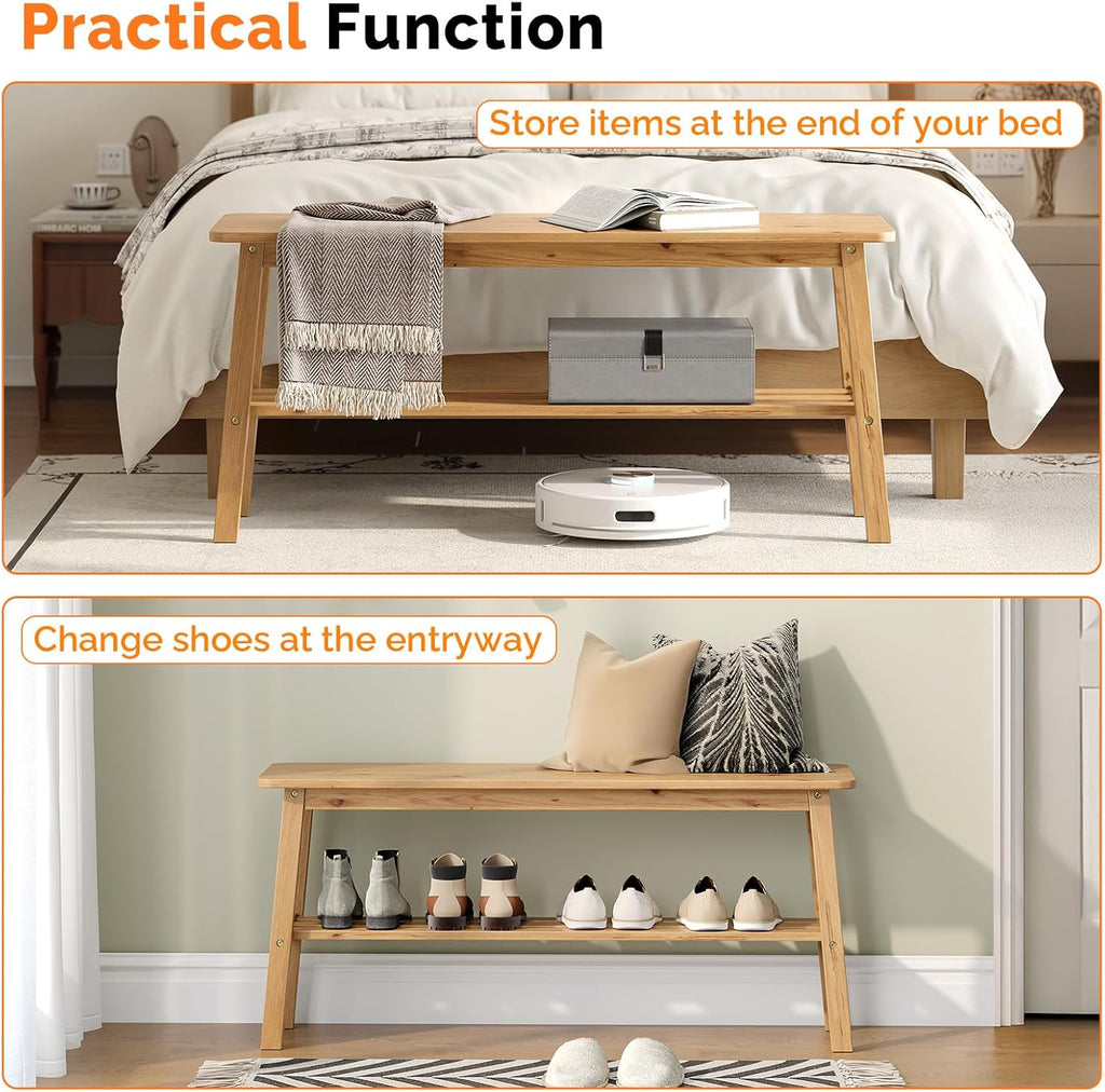 VINGLI Solid Wood Dining Bench 39" Wooden Bench for Entryway, Bedroom, Kitchen & Living Room, with Shoe Rack Storage, Light Brown