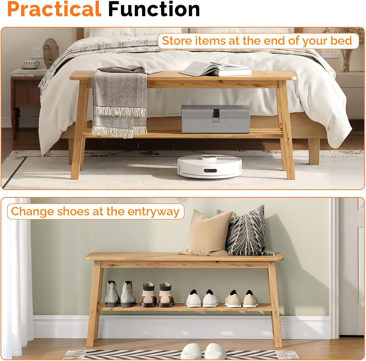 VINGLI Solid Wood Dining Bench 39" Wooden Bench for Entryway, Bedroom, Kitchen & Living Room, with Shoe Rack Storage, Light Brown