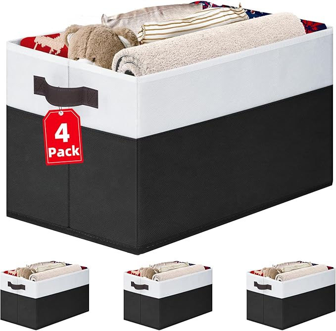 Criusia Large Storage Bins for Shelves 4 Pack, Closet Storage Baskets for Clothes Blanket Beddings Towels, Collapsible Fabric Closet Organizer Bins with Handles/ Laundry Room Organization