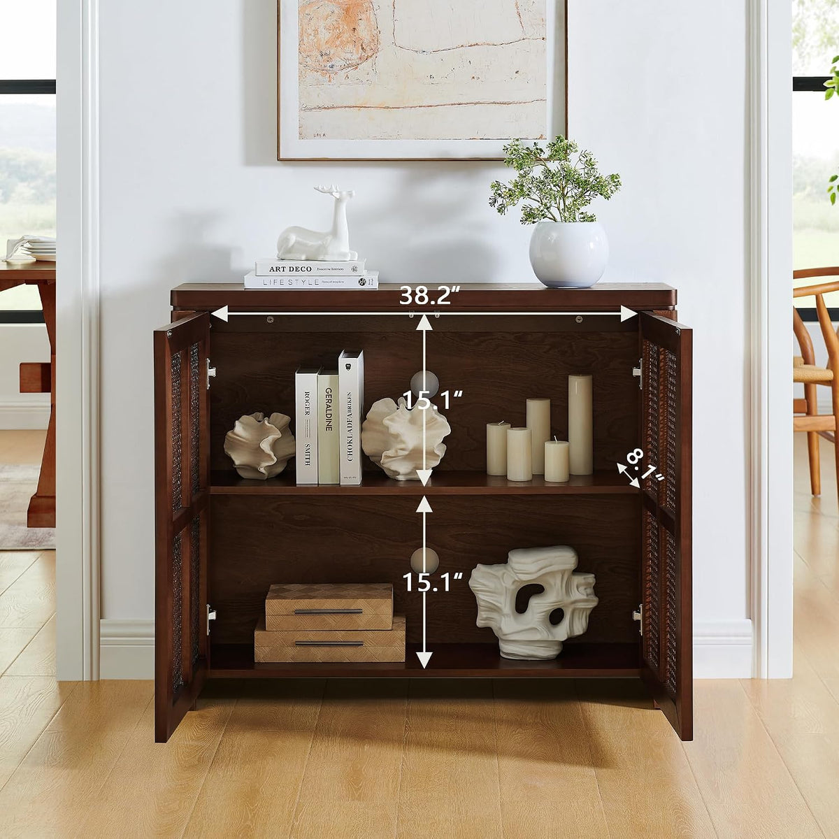 LKTART Small Sideboard Buffet Cabinet,Narrow Kitchen Storage Cabinet with 2 Rattan Doors,Mid Century Modern Thin Console Table for Living Room,Entryway(39.4" Walnut)