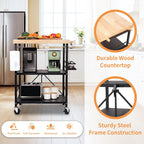 PLKOW Foldable Kitchen Cart with Solild Oak Wood Top, Rolling Kitchen Island on Wheels, 3-Tier Storage Utility Cart for Microwave, Toaster Oven, Small Spaces
