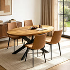 63"-78.7" Extendable Oval Dining Table Set for 4 | 5 Piece Large Round Walnut Table Set, 4 Brown PU Dining Chairs, Living Room, Kitchen, Space Saving, Mid Century Modern