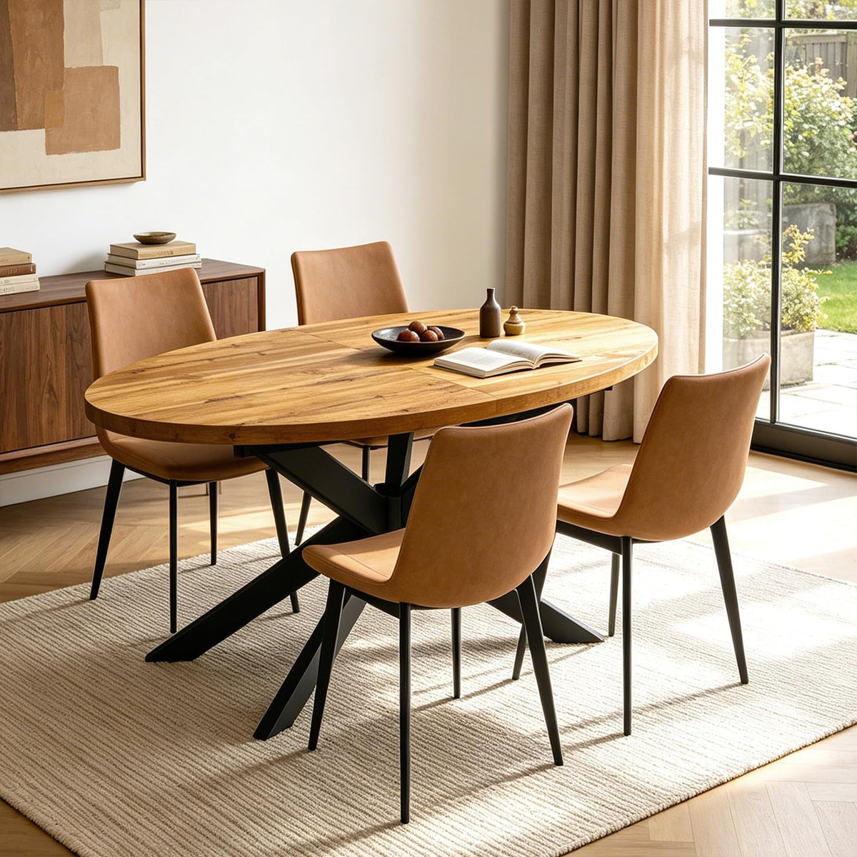 63"-78.7" Extendable Oval Dining Table Set for 4 | 5 Piece Large Round Walnut Table Set, 4 Brown PU Dining Chairs, Living Room, Kitchen, Space Saving, Mid Century Modern