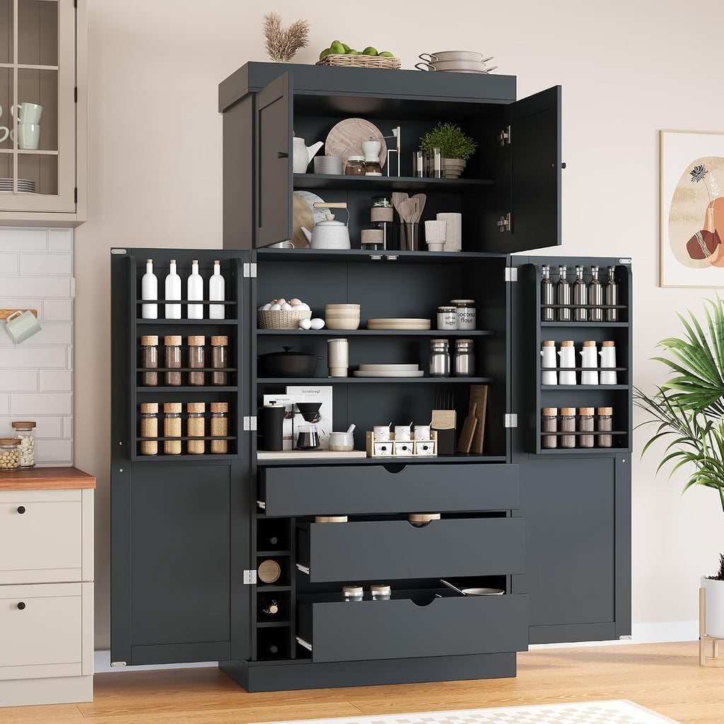 77'' Tall Freestanding Kitchen Pantry, Modern Cupboard Storage with Adjustable Shelves,Door Shelves, Drawers and Wine Racks,for Dining Living Room (Grey-A)