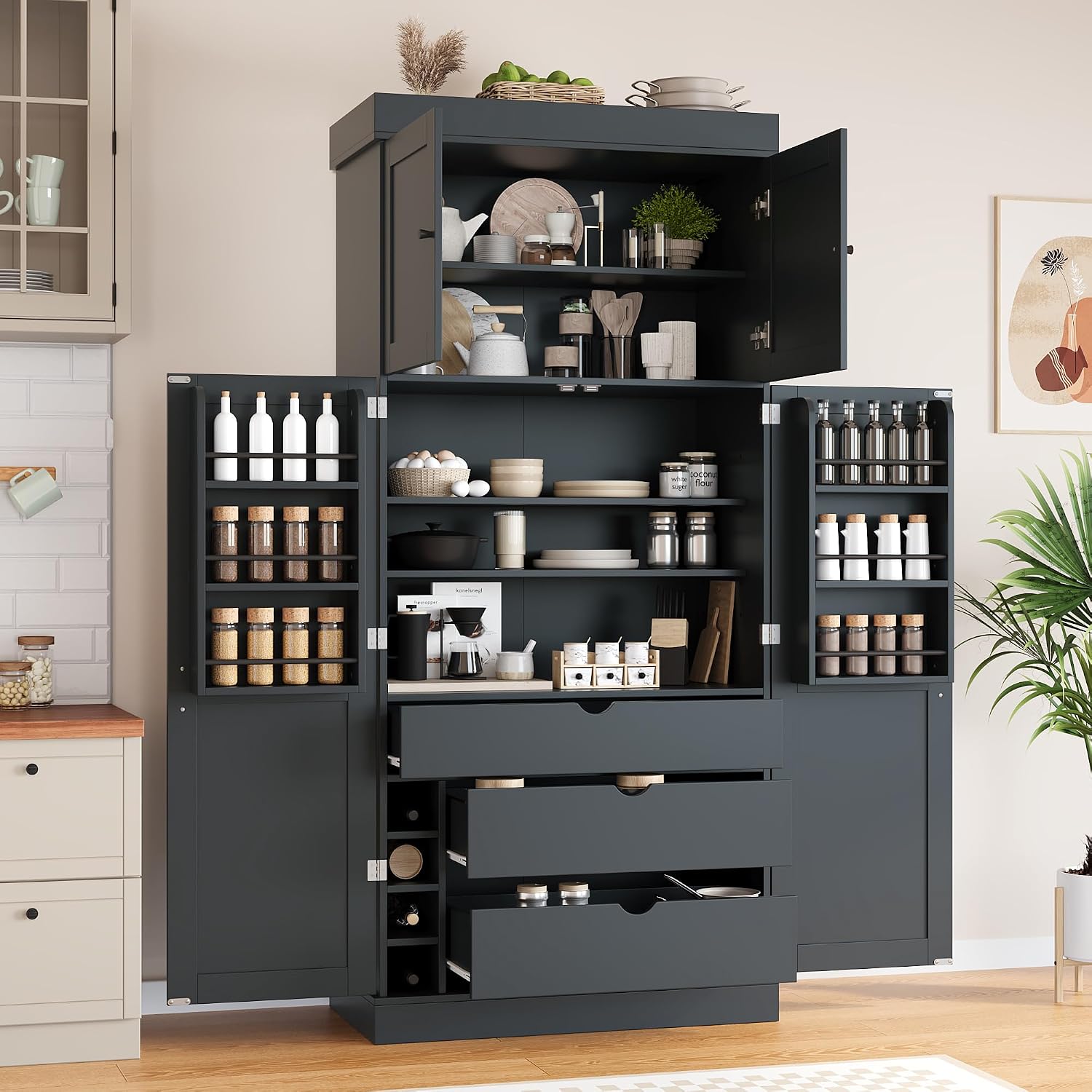 77'' Tall Freestanding Kitchen Pantry, Modern Cupboard Storage with Adjustable Shelves,Door Shelves, Drawers and Wine Racks,for Dining Living Room (Grey-A)