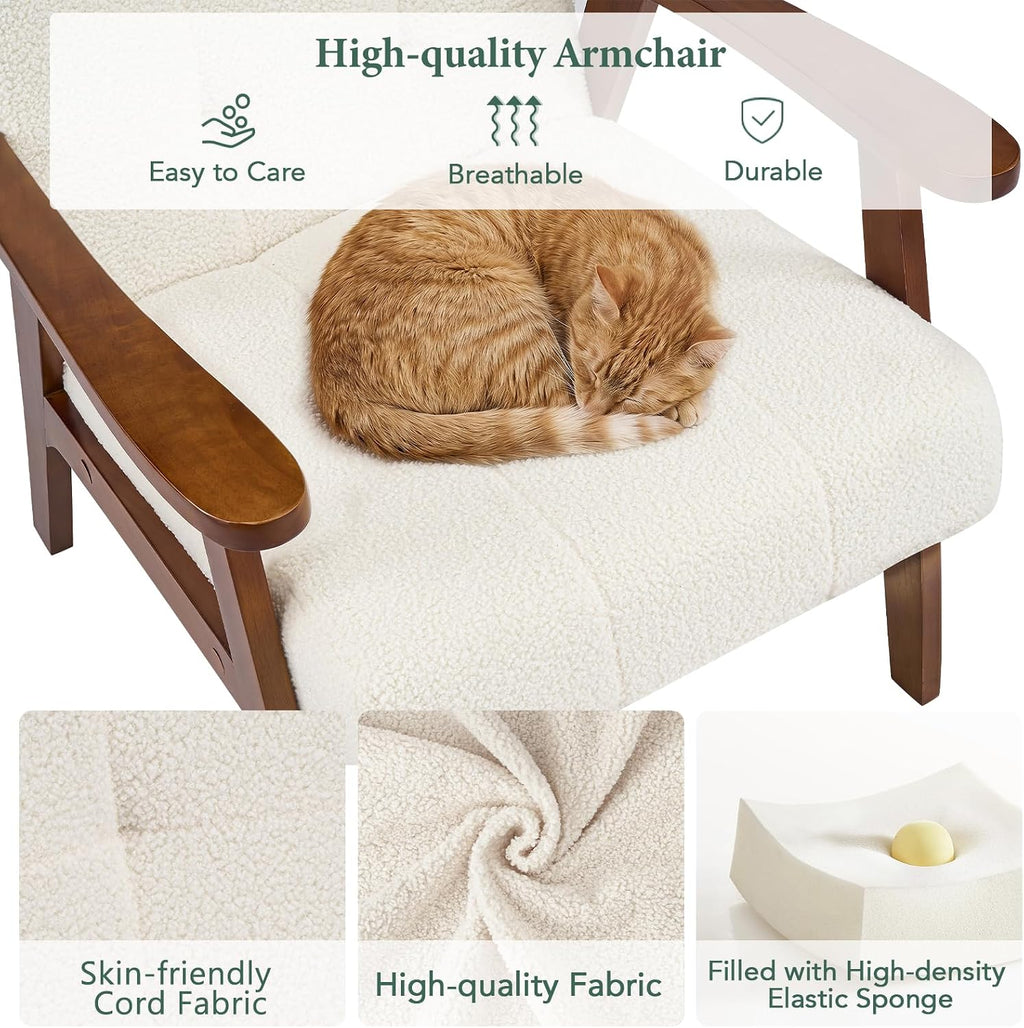 Furniliving Mid Century Modern Accent Chair, Wood Frame Upholstered Arm Chair with Waist Support, Button Tufted High Back Reading Armchair, Waiting Room Chairs for Bedroom Sunroom, Sherpa, White