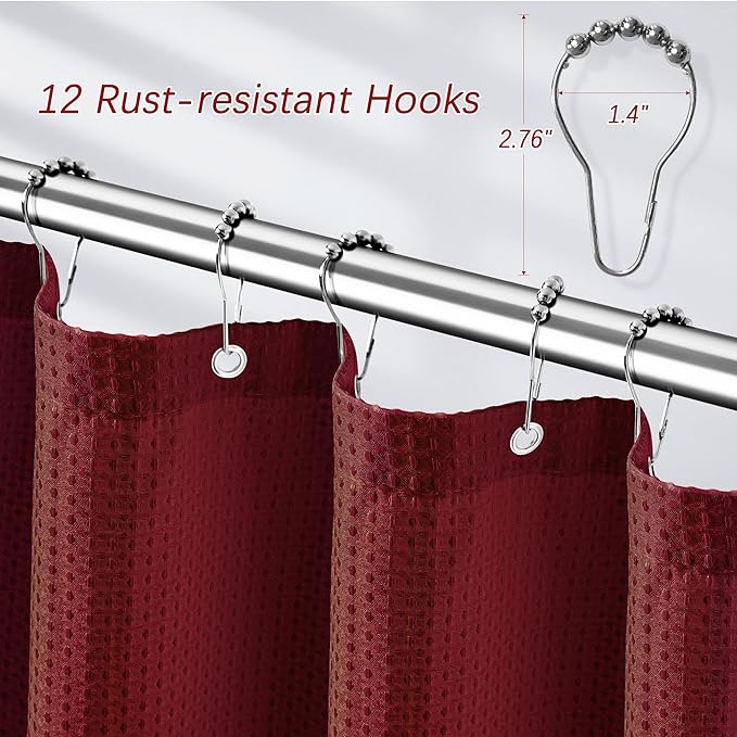Long Burgundy Fabric Shower Curtain - Waffle Textured Tall Heavy Duty Cloth Shower Curtains for Bathroom, 256GSM Large Hotel Spa Luxury Bath Curtain Set with 12 Hooks(72Wx78H, Burgundy)