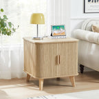 Nightstands Set of 2, 24 Inch Mid-Century Fluted End Table with Charging Station, Farmhouse Wood Side Table with Storage & Sliding Door for Sofa, Couch, Bed (2XSquare, Natural)