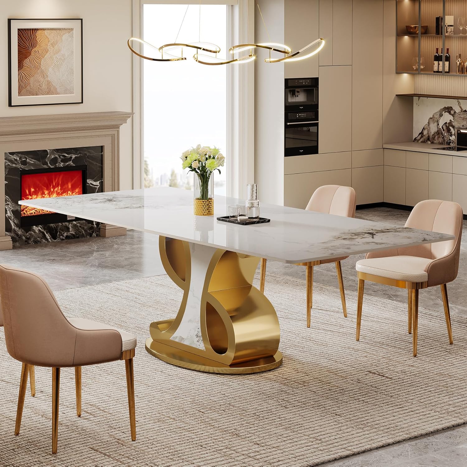Tribesigns 78.74" Sintered Stone Dining Table for 8-10, Modern Luxury White & Gold Kitchen Table with Natural Tan Veining Tabletop & Stainless Steel Pedestal (Only Table)
