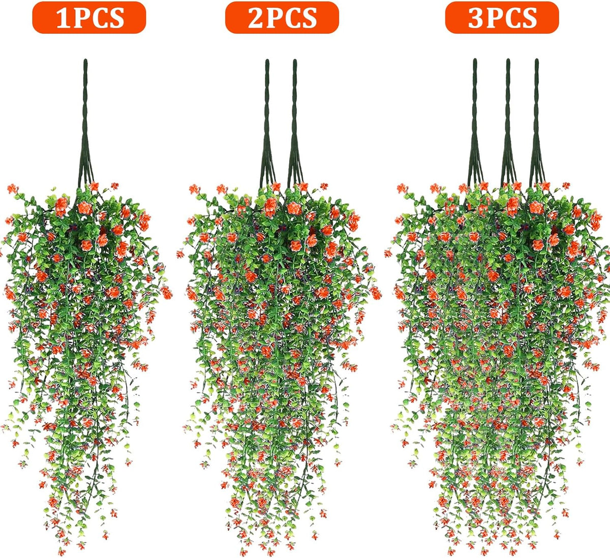 Artificial Hanging Flowers, 3 Pcs Fake Hanging Plants Artificial Vines for Outdoors, Fake Ivy Vine UV Resistant No Fade Faux Plants for Indoor Outside Garden Patio Yard Greenery Decoration (Orange)