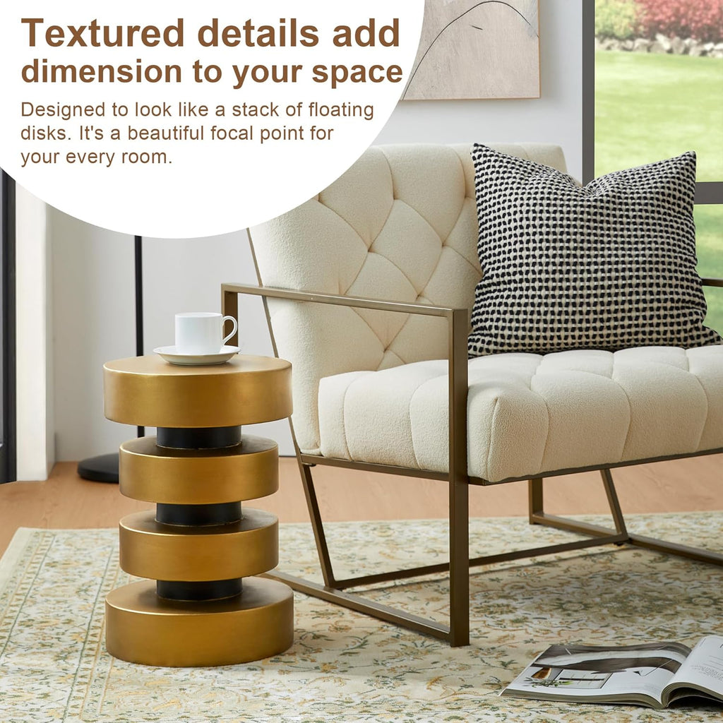 Glitzhome Gold Floating Disks Side Table & Accent Stool - 18" H Modern Antique End Table, Durable MGO Fiberglass Desk for Living Room, Holds 220 lbs, Multi-Functional & Easy to Clean