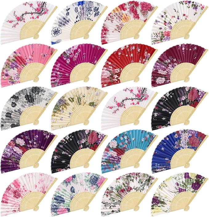 Aodaer 16 Pack Floral Folding Fans Silk Fabric Handheld Fans Vintage Folding Fans for Wedding Dancing Party Favors