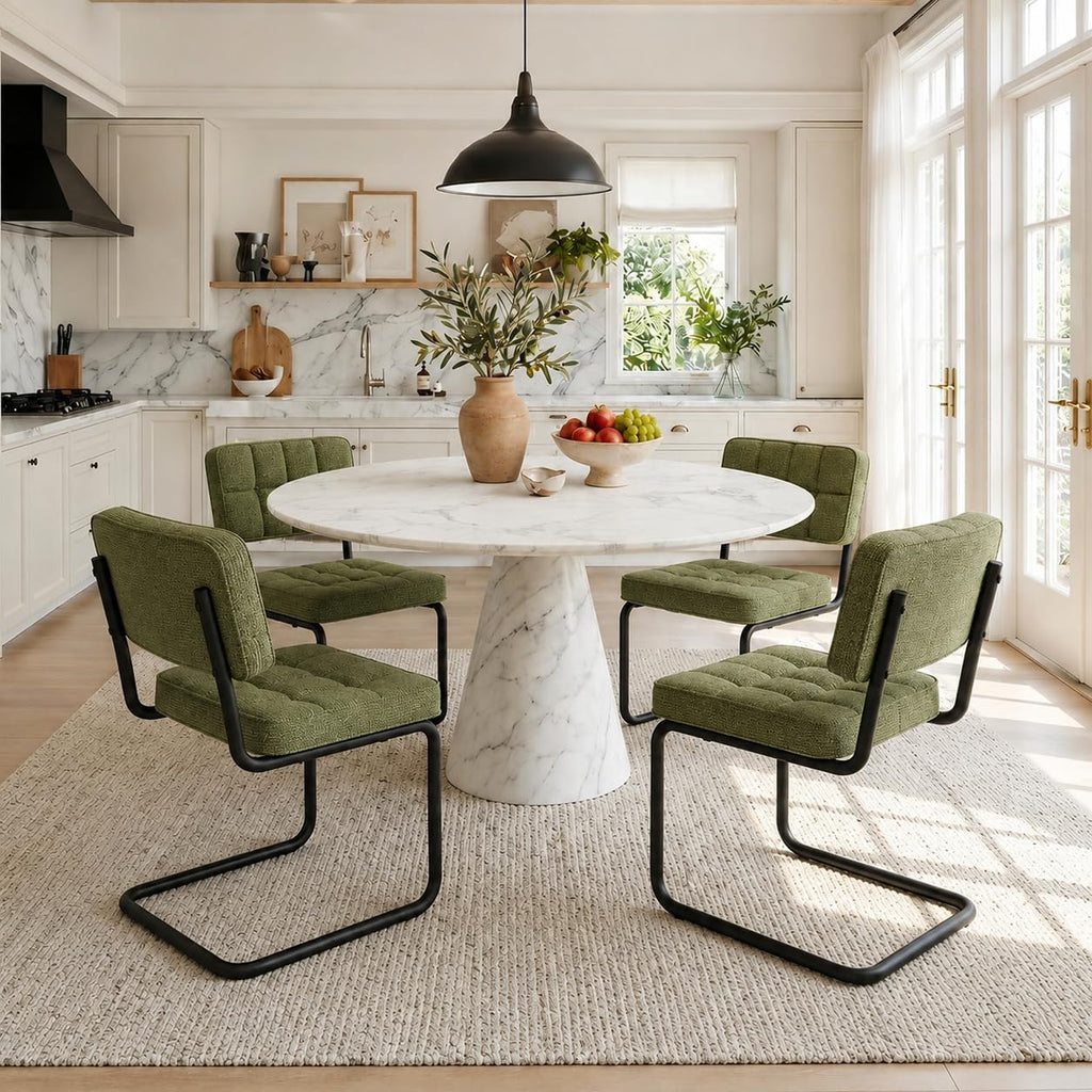 Mid-Century Modern Dining Chairs Set of 4 with Metal Legs, Green | Upholstered Chenille Cantilever Dining Chairs with Ergonomic Backrests, Armless Design, Padded Seats for Dining Room