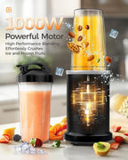 iCucina Smoothie Blender, 1000W Personal Blender for Shakes and Smoothies with 2 x 32oz Protable Cups and Lids, Single Serve Blenders for Ice Crushing, Bean Grinding, Frozen Fruit Drinks, Black