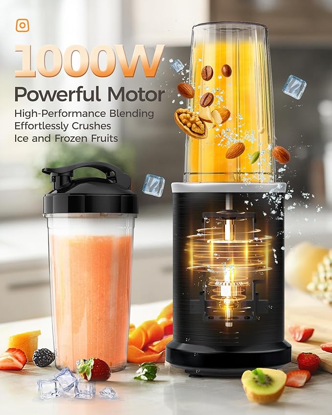 iCucina Smoothie Blender, 1000W Personal Blender for Shakes and Smoothies with 2 x 32oz Protable Cups and Lids, Single Serve Blenders for Ice Crushing, Bean Grinding, Frozen Fruit Drinks, Black