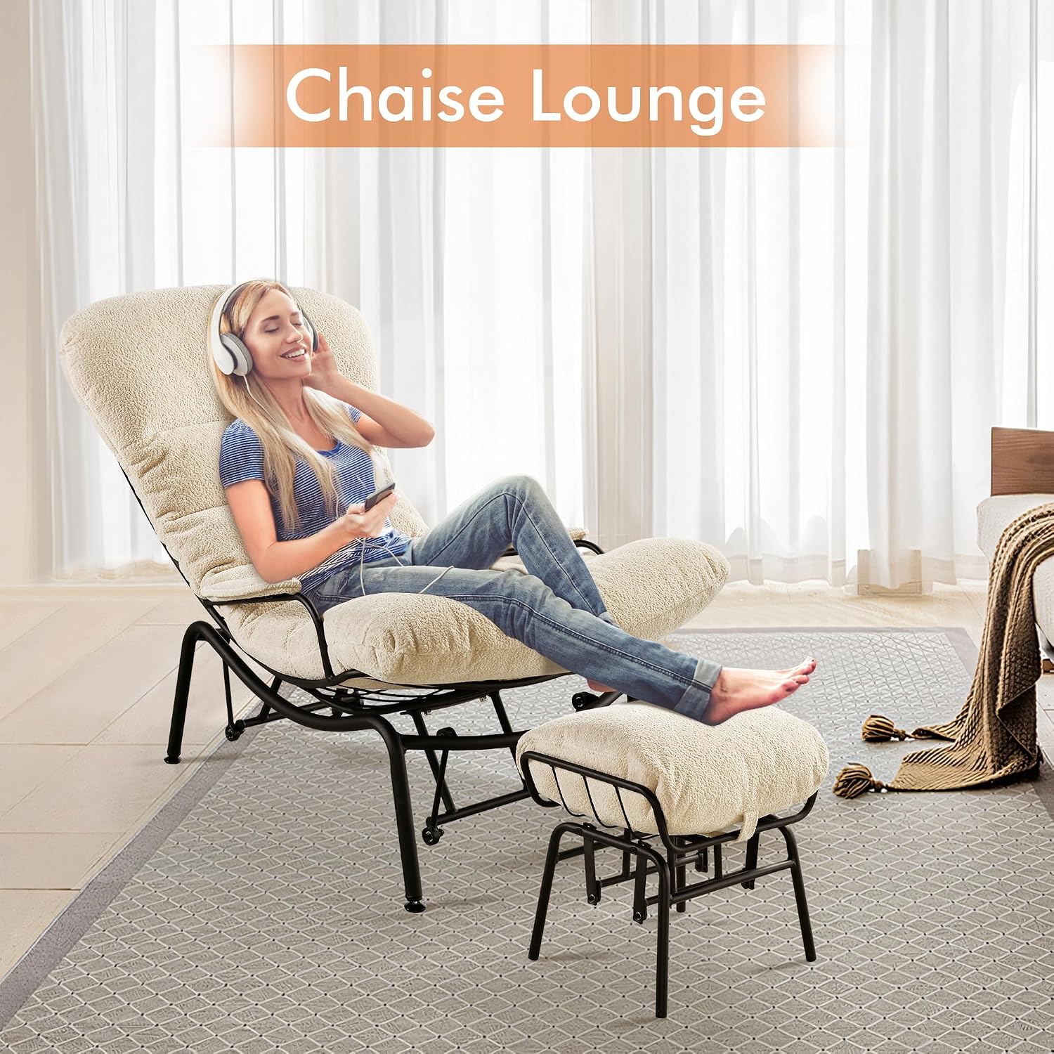 HOOOWOOO Cozy Rocking Chair,Chaise Lounge Chair Indoor,Accent Chair with Ottoman for Bedroom,Living Room,Office(Cloud Velvet Beige)