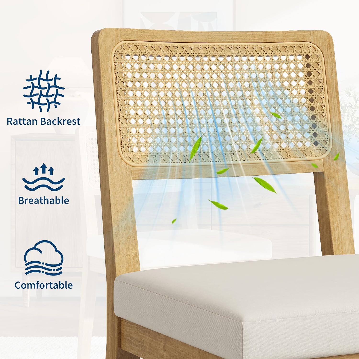 Garvee Rattan Dining Chairs Set of 4, French Country Upholstered Dining Chairs Wood Frame, Rattan Backrest, Armless Chair for Kitchen Restaurant Dining Room Bedroom, Linen, Natural