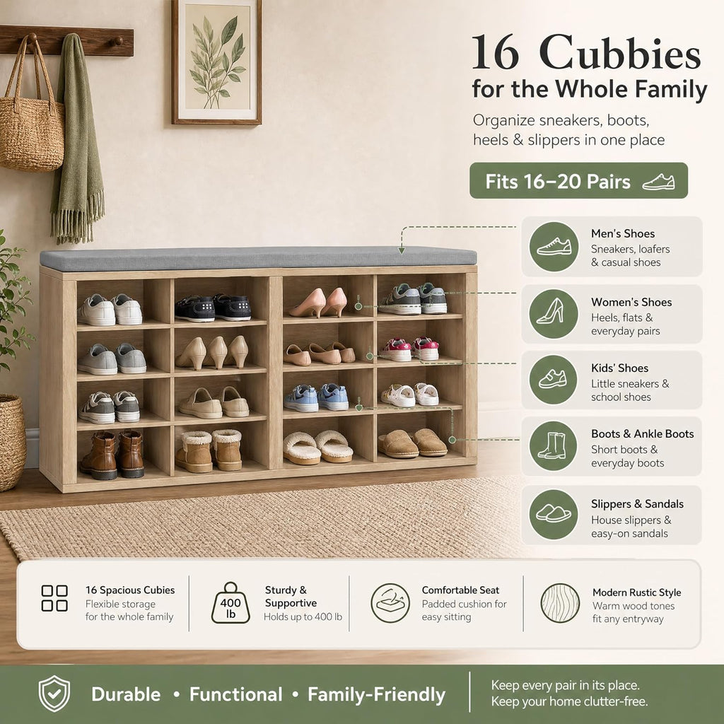 Shoe Storage Bench with Cushion, 16-Cubby Entryway Bench with Adjustable Shelves, 23" Tall Heavy Duty 700 lb Capacity, for Bedroom, Hallway, Mudroom