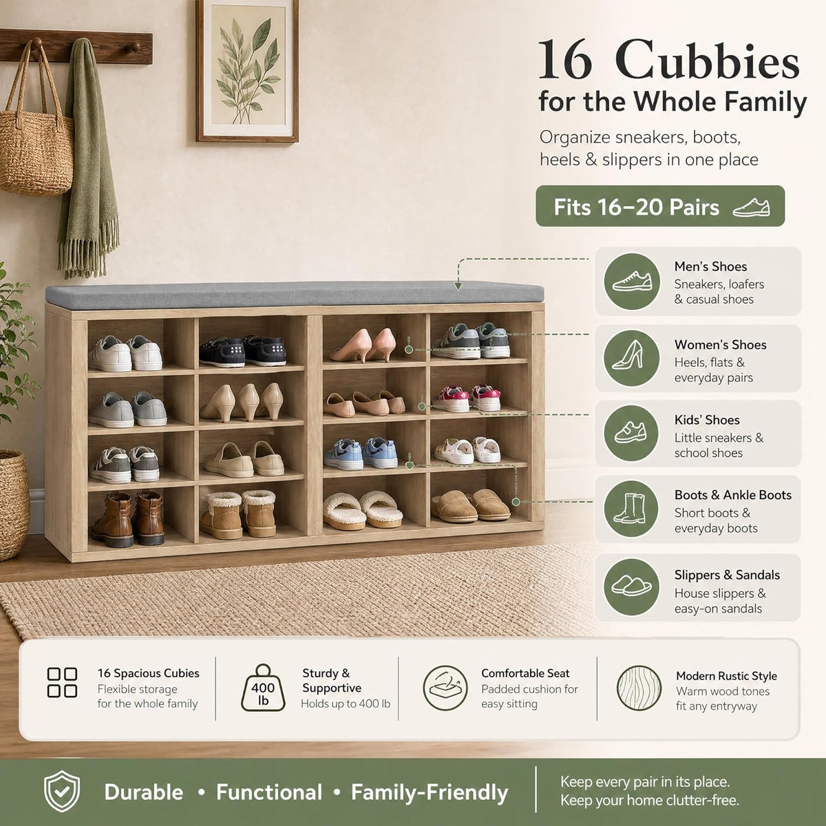 Shoe Storage Bench with Cushion, 16-Cubby Entryway Bench with Adjustable Shelves, 23" Tall Heavy Duty 700 lb Capacity, for Bedroom, Hallway, Mudroom