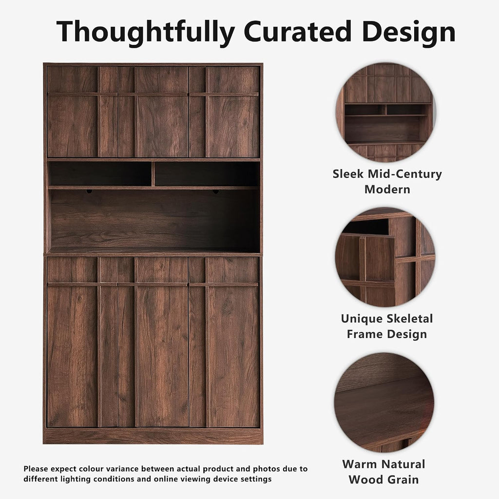 72" Pantry Cabinet, Tall Kitchen Pantry Storage Cabinet with Countertop, Adjustable Shelves, Mid Century Modern Wooden Kitchen Hutch with Skeleton Lines for Living Room, Dining Room, Walnut