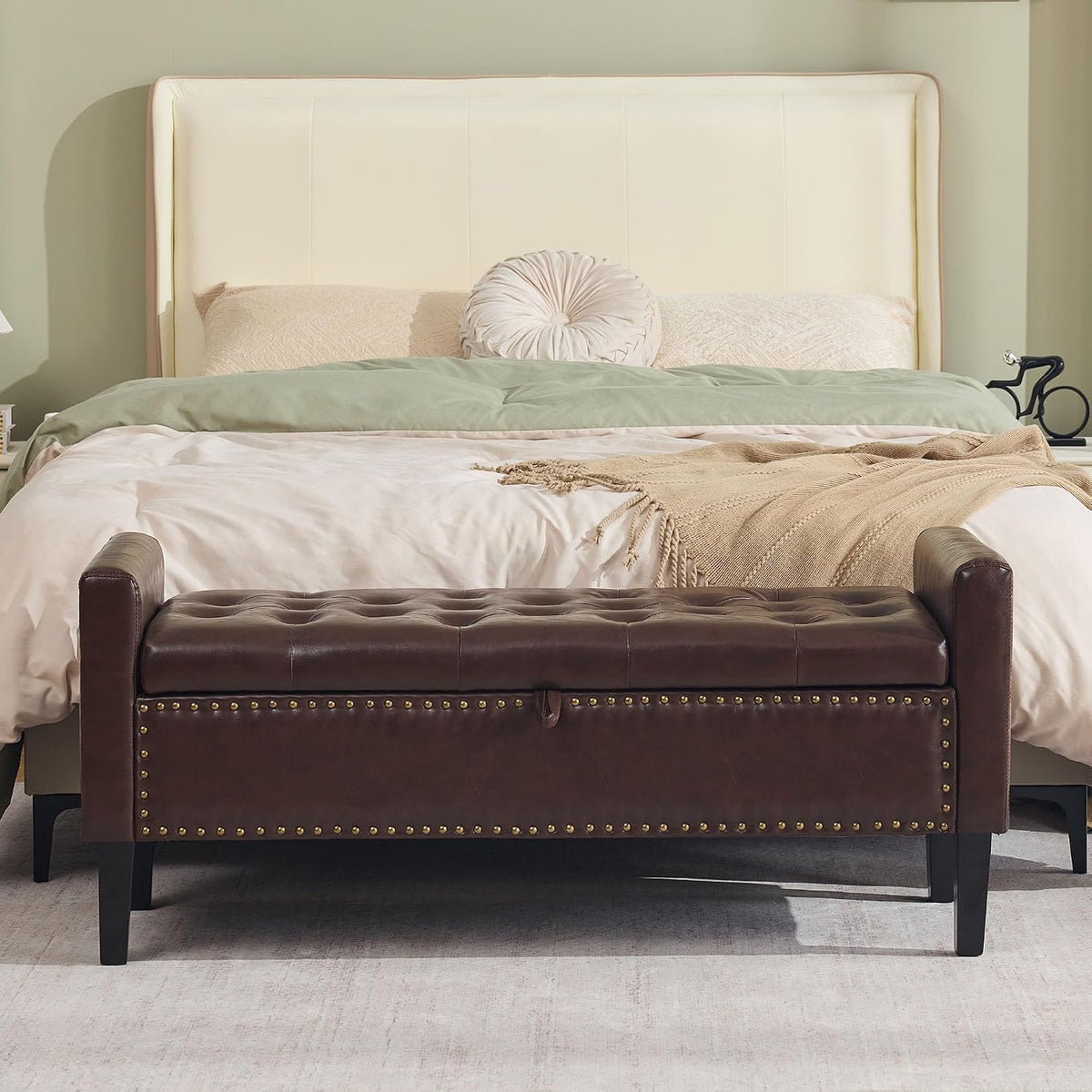 WUTUTUEE 47" Modern Water-Resistant Faux Leather Storage Ottoman Bench with Wooden Legs, Upholstered End of Bed Bench for Bedroom, Living Room or Entryway, Dark Brown