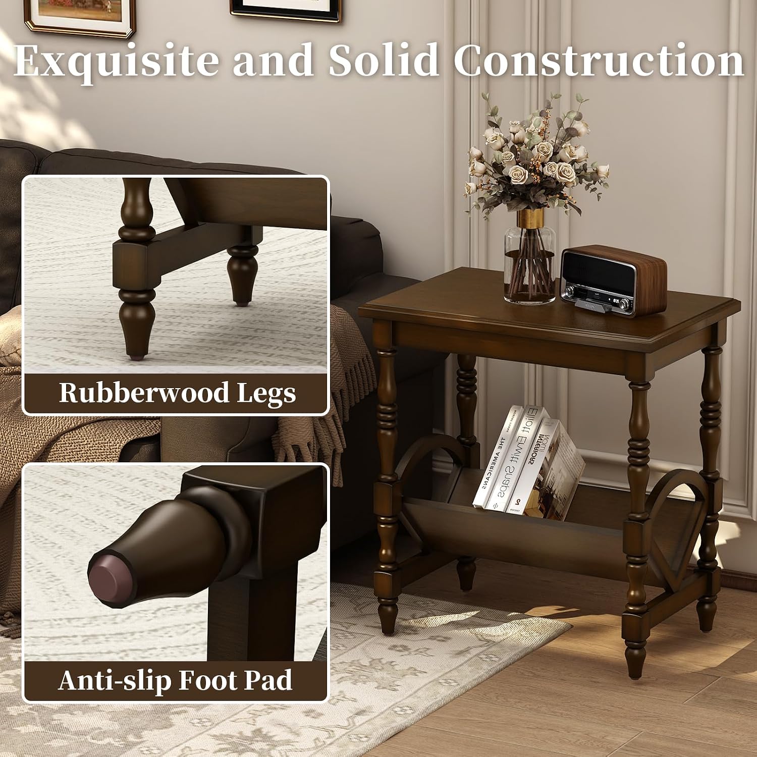 LKTART Wood End Table, Vintage Sofa Side Table with Magazine Rack and Rubberwood Legs, Bedside Table with Birch Wood Veneer Finish for Living Room Bedroom Small Space Home Office, Dark Brown