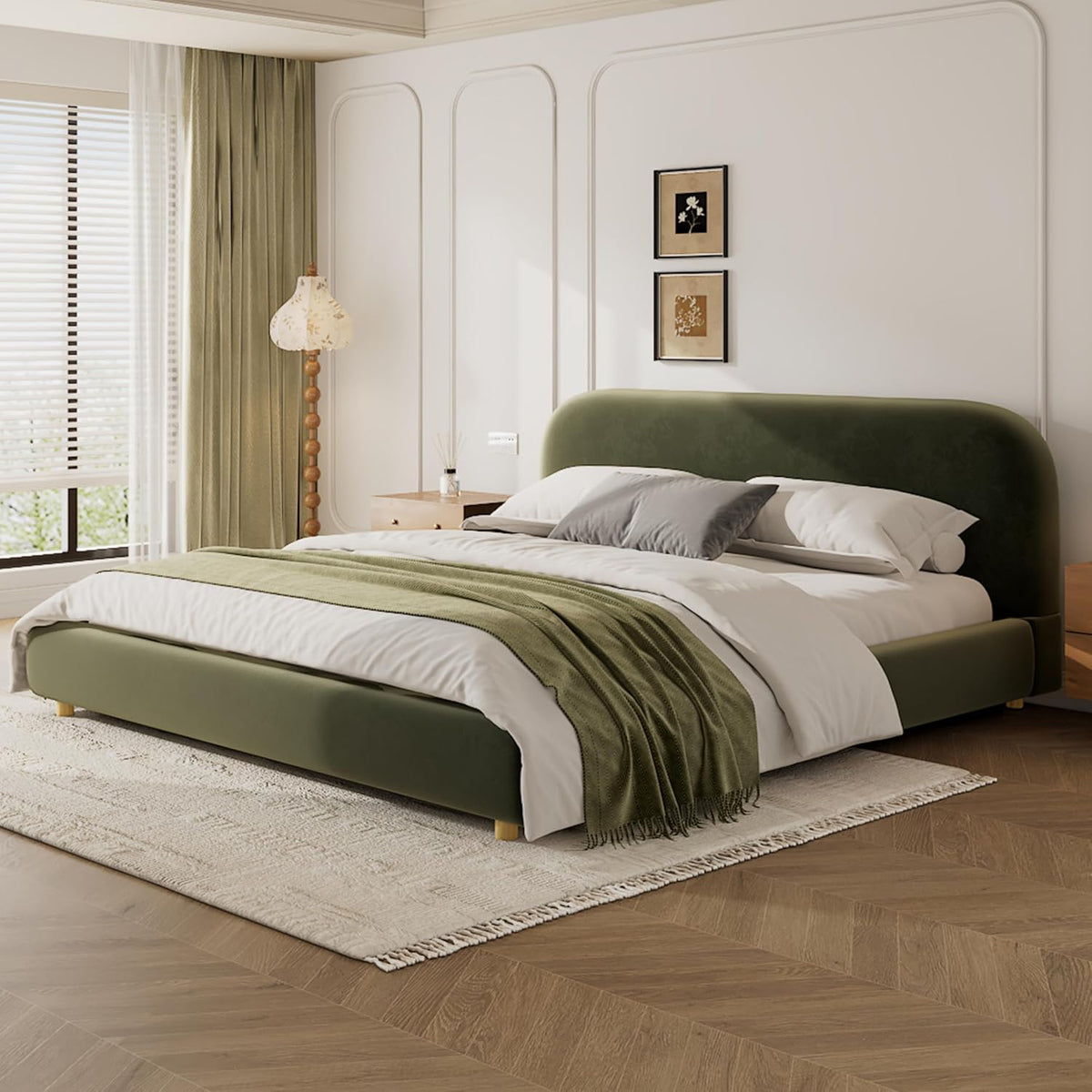 Merax King Boucle Fabric Platform Bed with Curved Headboard, Olive Green