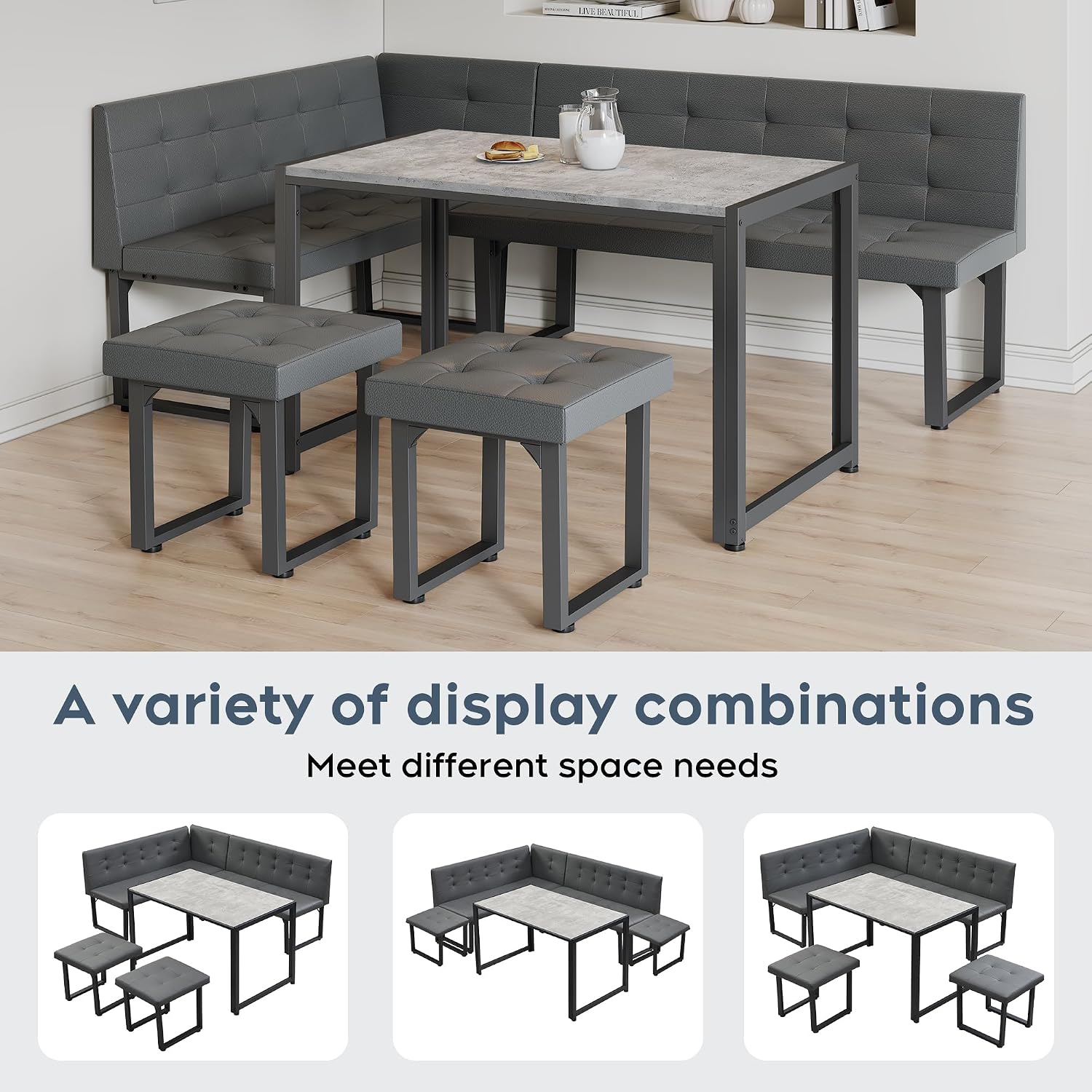 Brafab Corner Dining Table Set, 70 Inch Breakfast Nook Table Set with Upholstered Banquette, 5-Piece Corner Bench Dining Table Set, Grey