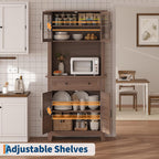 Garvee 72" Tall Kitchen Pantry Cabinet with Hutch and Microwave Stand | Freestanding Food Pantry Hutch with Adjustable Shelves, Glass Doors And Drawers for Dining Room, Living Room, Brown