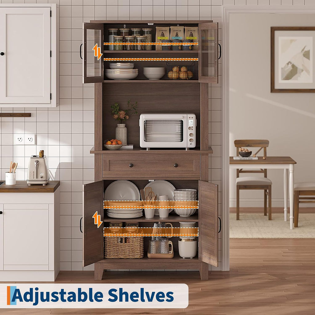 GarveeHome 72 in Tall Kitchen Pantry Cabinet, Kitchen Hutch Bar Cabinet with Microwave Stand, Cupboard with Drawers & 2 Glass Doors for Dining Room, Living Room, Kitchen, Dark Brown