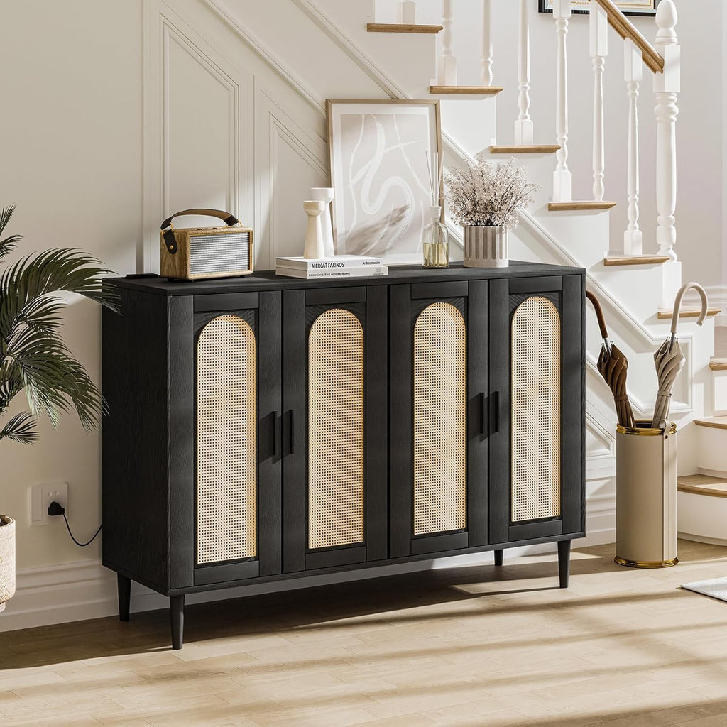 Patikuin Rattan Sideboard Buffet Cabinet, Boho Accent Storage Cabinet, 4 Doors Console Table Coffee Bar with Power Outlet, Adjustable Shelves for Kitchen, Dining Room, Hallway, Living Room (Black_2)