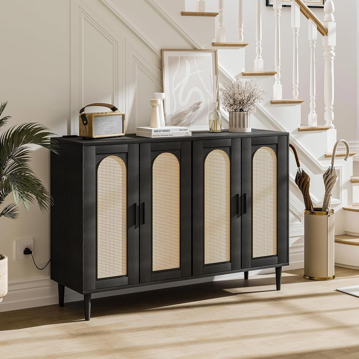 Patikuin Rattan Sideboard Buffet Cabinet, Boho Accent Storage Cabinet, 4 Doors Console Table Coffee Bar with Power Outlet, Adjustable Shelves for Kitchen, Dining Room, Hallway, Living Room (Black_2)