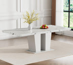 63"-78.74" White Faux Marble Extendable Dining Room Table Set for 6, 7-Piece Dining Table Set with 6 Chairs, Rectangle Wooden Expanding Kitchen Table and Grey Upholstered Chairs Set
