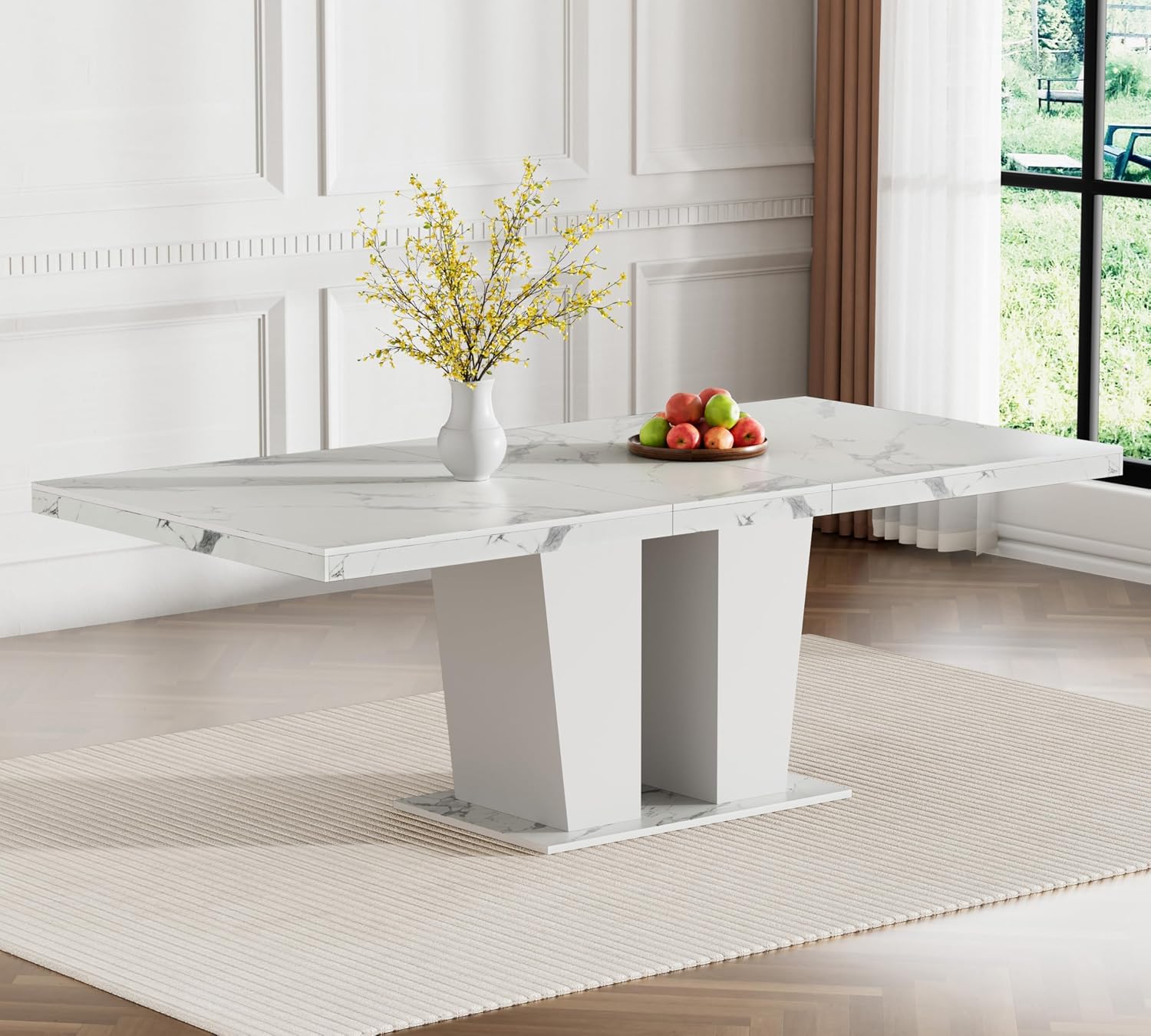 63"-78.74" White Faux Marble Extendable Dining Room Table Set for 6, 7-Piece Dining Table Set with 6 Chairs, Rectangle Wooden Expanding Kitchen Table and Grey Upholstered Chairs Set