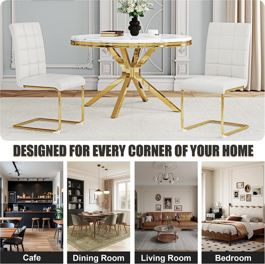 Modern Dining Chairs Set of 8, White PU Leather Chairs with Pull Ring Backrest and Gold Stainless Steel Legs, Easy-to-Assemble Kitchen Chairs for Dining Room, Living Room, or Bedroom