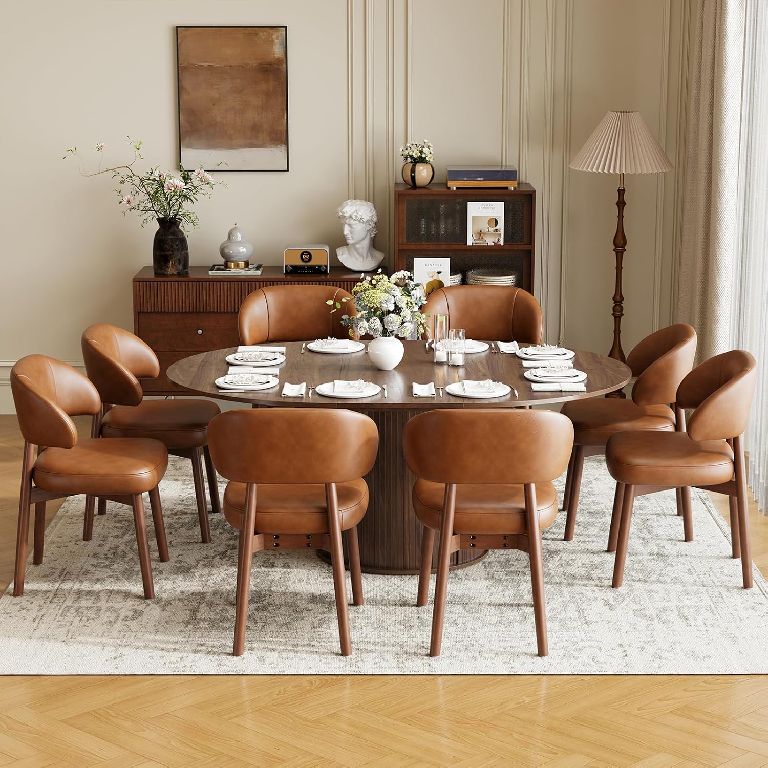 MALOL 47"-63" Extendable Round to Oval Dining Room Table Chairs Set for 4-8, Modern Wooden Kitchen Table and Chairs with Hidden Storage and Fluted Design for Dining Room/Small Space(Walnut and Brown)
