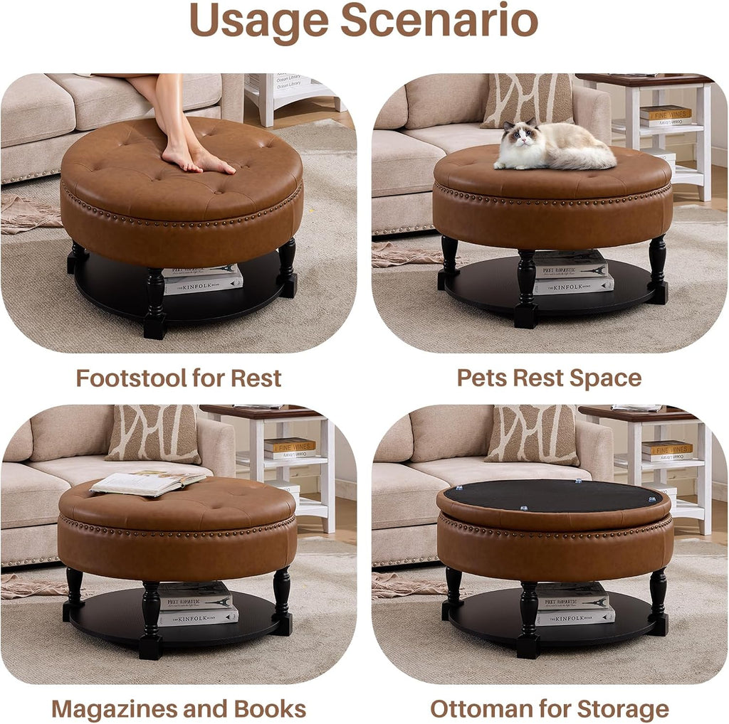 31.5 Inch Large Round Storage Ottoman with Wood Shelf Multifunctional Coffee Table Ottoman Round Storage Bench with Bottom Open Shelf for Living Room Bedroom Entryway Brown PU Leather