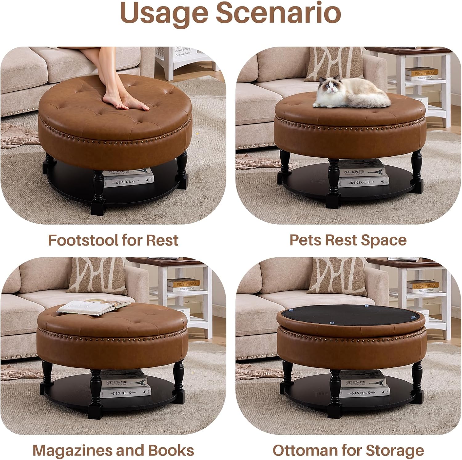 31.5 Inch Large Round Storage Ottoman with Wood Shelf Multifunctional Coffee Table Ottoman Round Storage Bench with Bottom Open Shelf for Living Room Bedroom Entryway Brown PU Leather
